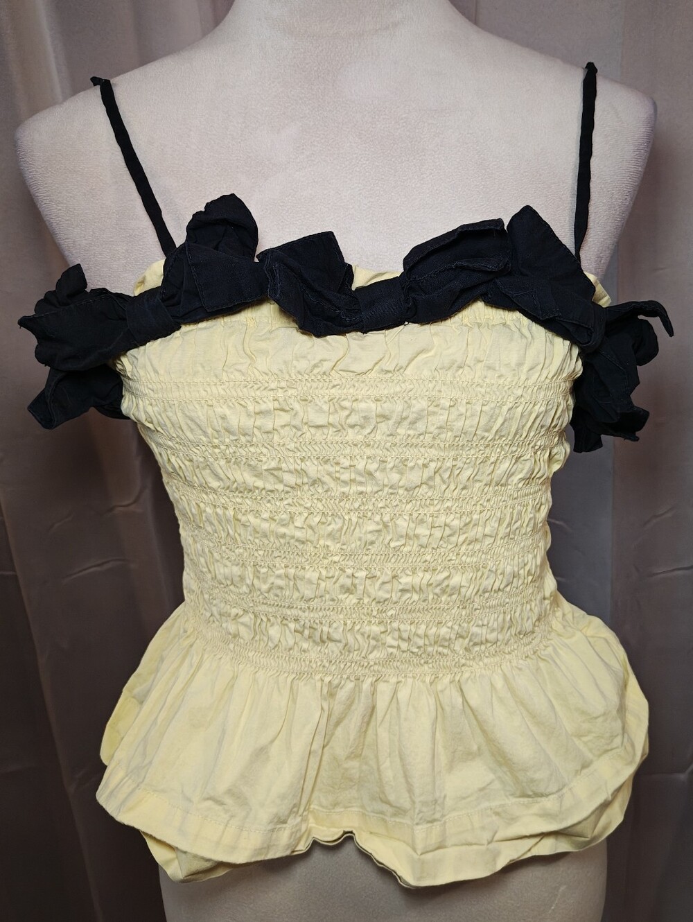 Damson Madder Bea Bow Peplum Cami Top in Butter Yellow Ruffle Bows & Smocked